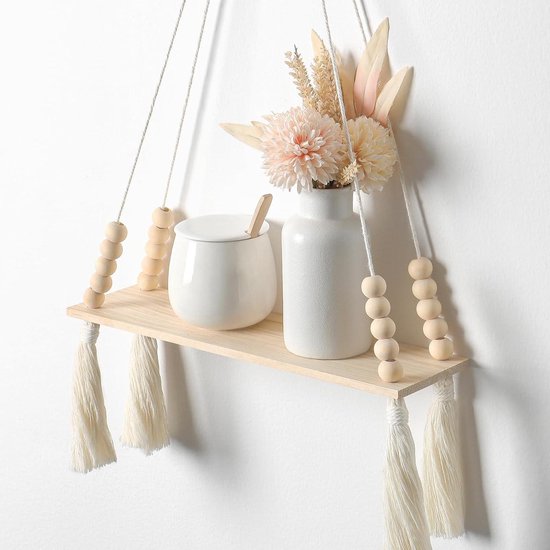Betylifoy Macramé Muur Opknoping Plank Boho Muur Decor Plant Hanger Plank Hout Drijvend Opbergrek voor Fotolijsten Plant Display Slaapkamer Woonkamer