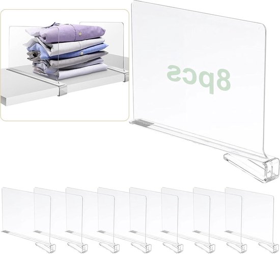Set van 8 transparante acryl plankverdelers, multifunctioneel, 30 x 20 cm, voor slaapkamer, keuken, kasten en organisatie (8