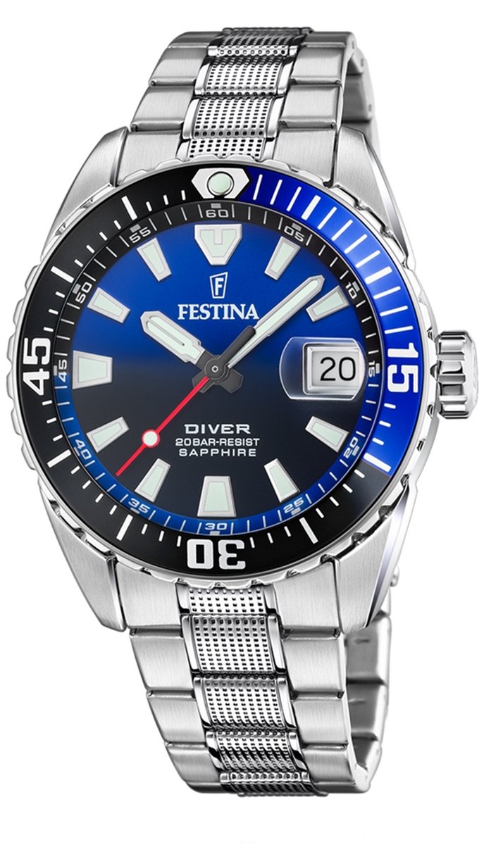 Festina F20669-5 Heren Horloge - Mineraalglas - Roestvrijstaal-Staal - Zilverkleurig - Ø 41 mm - Quartz - Vouw-Vlindersluiting - 20 ATM (duiken)