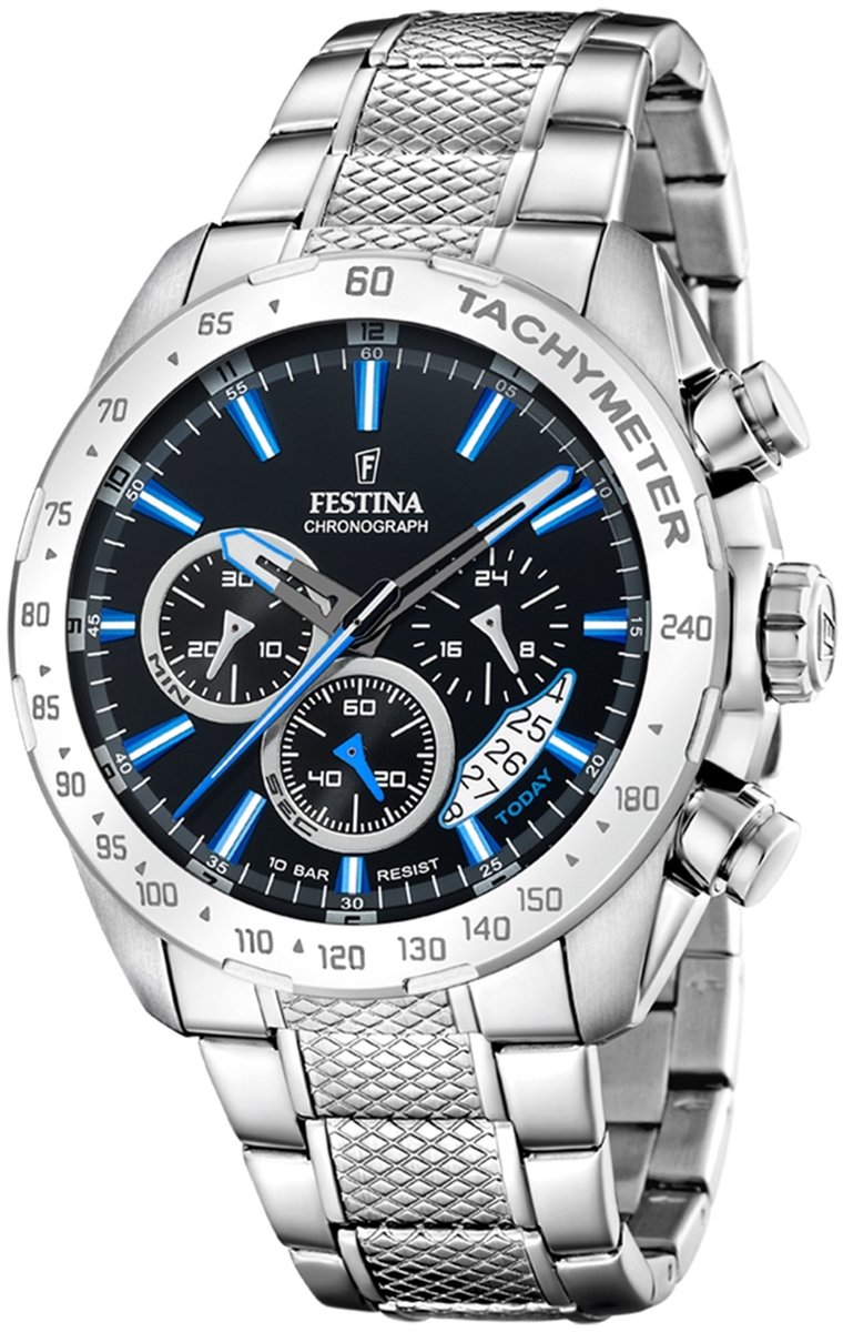 Festina F20668-6 Heren Horloge - Chronograaf - Mineraalglas - Roestvrijstaal-Staal - Zilverkleurig - Ø 44.5 mm - Quartz - Vouw-Vlindersluiting