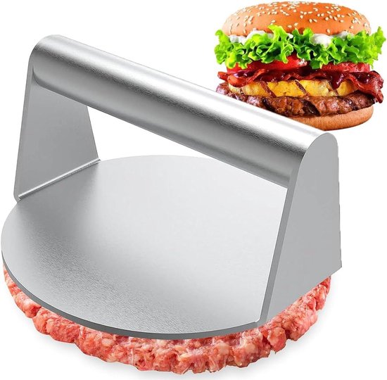 Set Smash Burger Mnam - Presse à Burger Antiadhésive Acier Inox + Spatule - Poignée Bois - Pour Burgers Croustillants