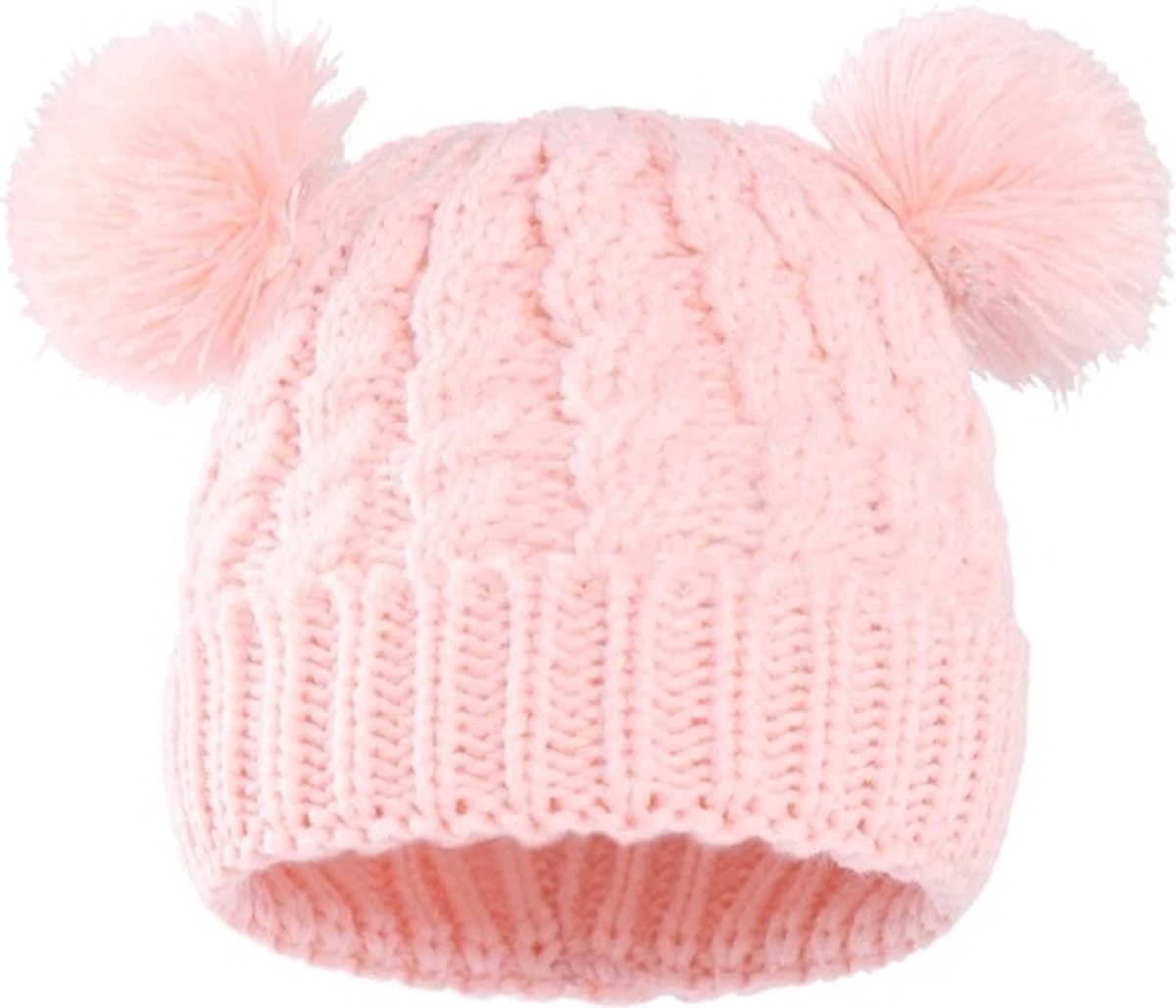 Wintermuts baby met pompoen roze - gebreide muts met pompom baby - wintermuts baby roze - gebreide muts met pompom peuter - wintermuts peuter roze