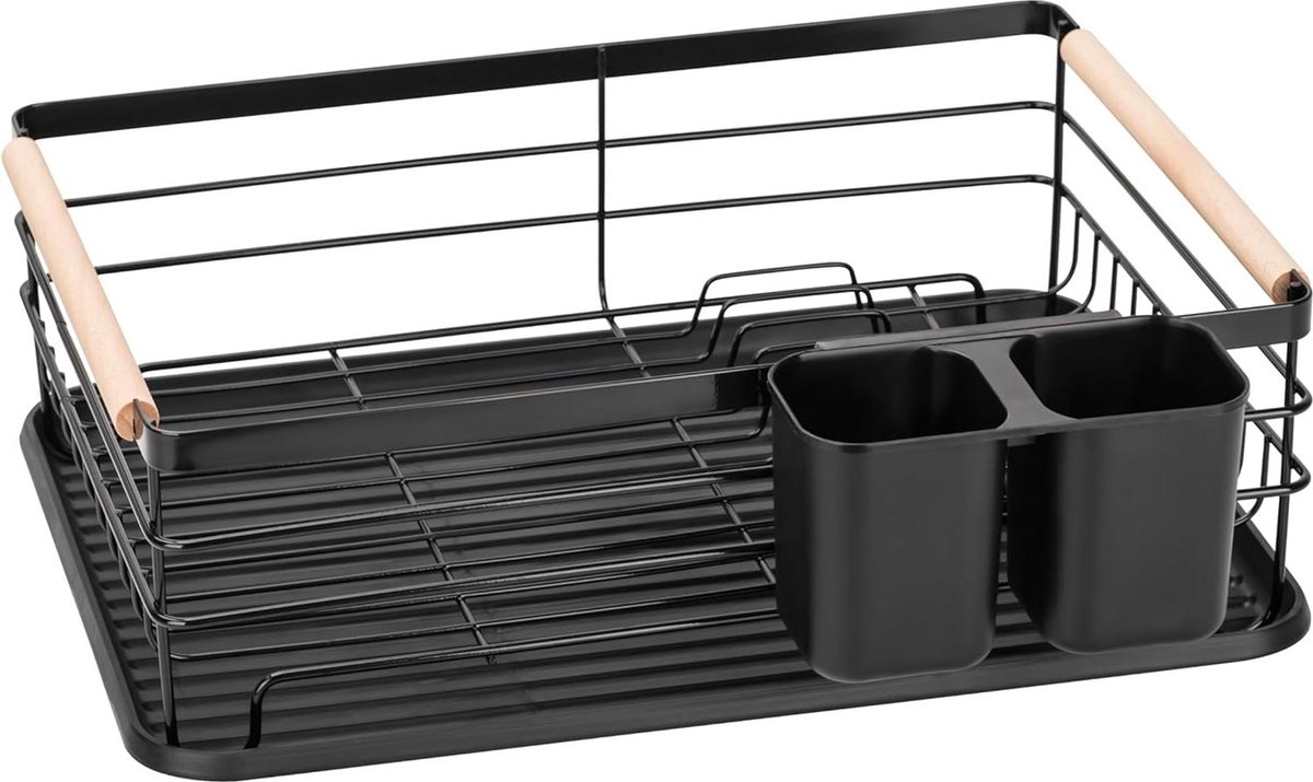 Goedkoopste Compact afdruiprek met dienblad en bestekhouder - 43 x 305 x 14 cm - zwart - voor keuken en gootsteen afdruiprek met lekbak inklapbaar