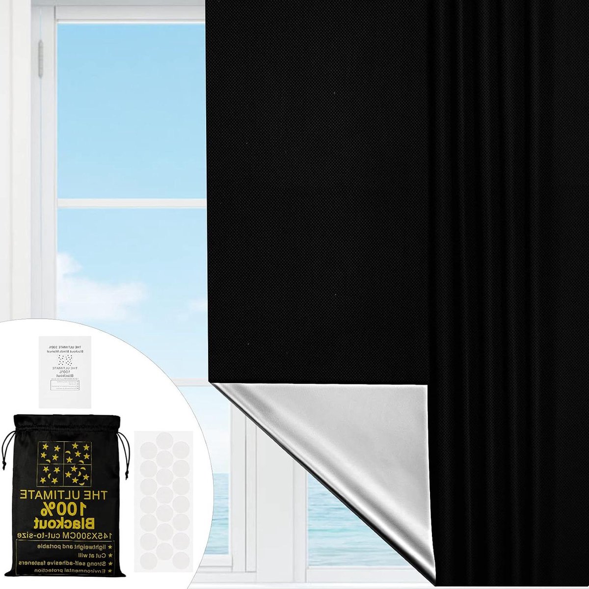 Verduisteringsstof per meter, zonwering, 100% verduisterend, folie met thermische coating voor alle ramen, rolgordijn zonder boren, hittebescherming (grijs met klittenband