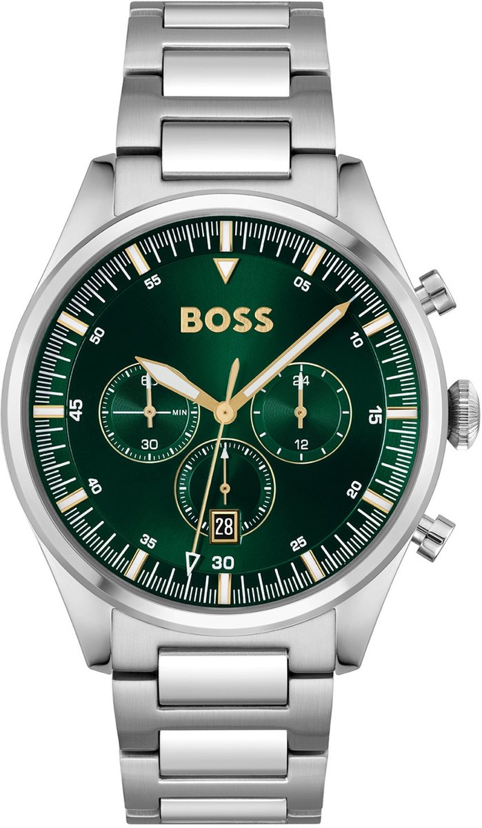 BOSS HB1513868 PIONEER Heren Horloge - Chronograaf - Mineraalglas - Roestvrijstaal - Groen-Zilverkleurig - Ø 44 mm - Quartz - Vouw-Vlindersluiting