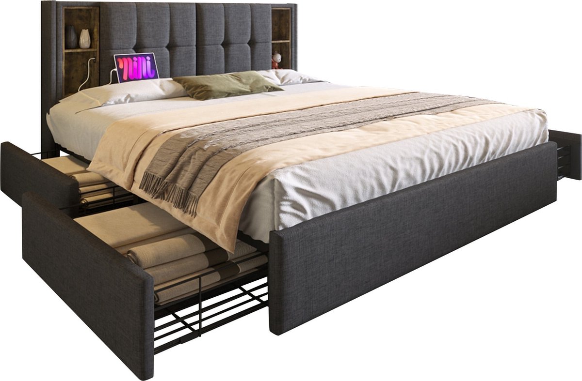 Merax 160x200 cm Tweepersoonsbed met Draadloos Oplaadfunctie en USB type-C Aansluiting - Luxe Bed met 4 Lades - Gestoffeerd Bedframe - Grijs