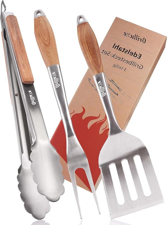 Grillbestekset, driedelig, 44 cm, grillset met grilltang, grillspatel