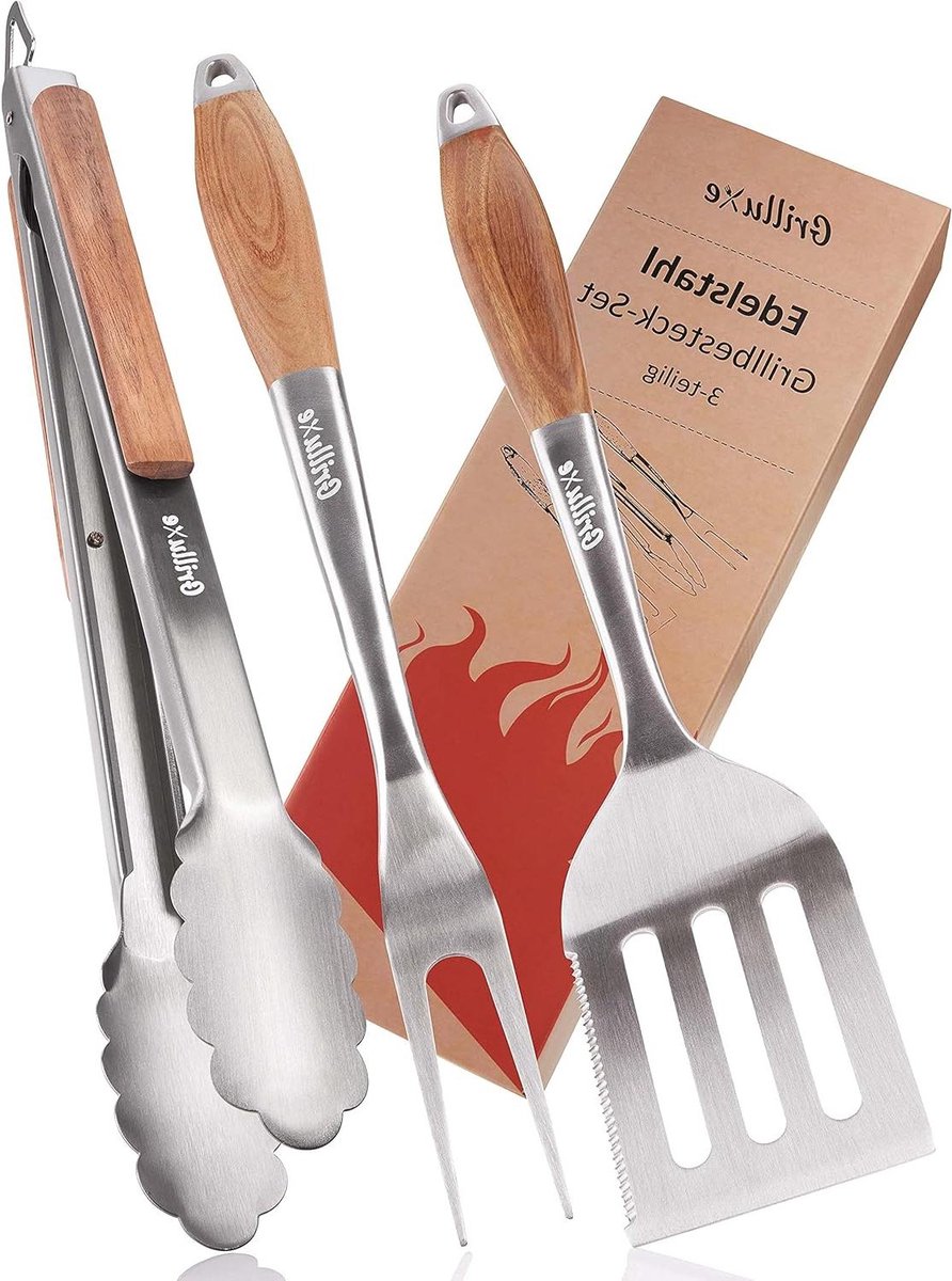 Premium grillbestekset - Deluxe BBQ Tool Set - acaciahout roestvrij staal - extra lang grilltang - grillspatel - vleesvork - grills oven - geïntegreerde flesopener bbq gereedschap