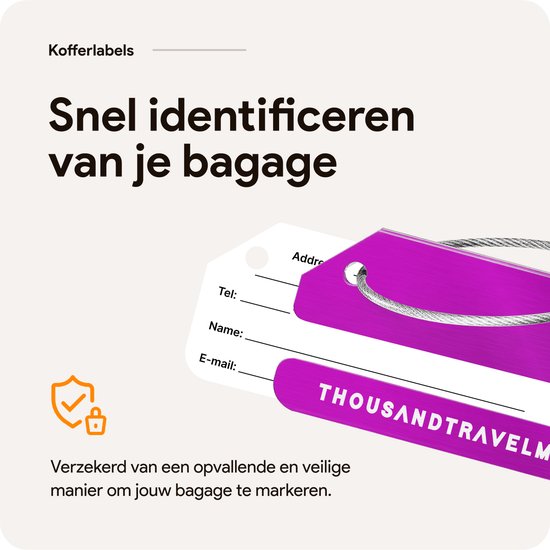 Bagagelabel – Kofferlabel – Bagagelabels voor Koffers – Reizen Gadget – Reisbagage & Reisaccessoires – 4 stuks – Aluminium – Paars
