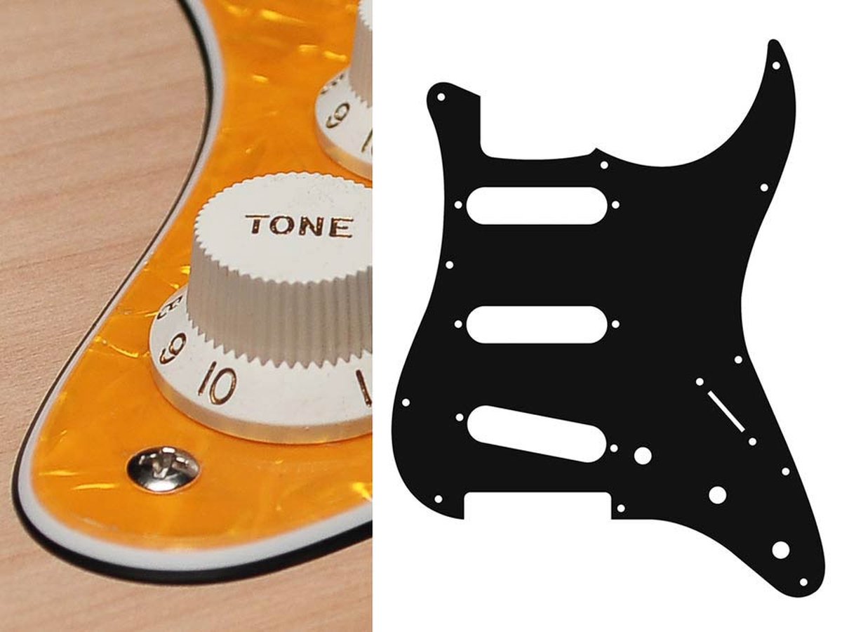 Boston ST-313-PY pickguard, Stallion, standard, SSS, 3 pot holes, 3-5 switch, 3 ply, pearl yellow