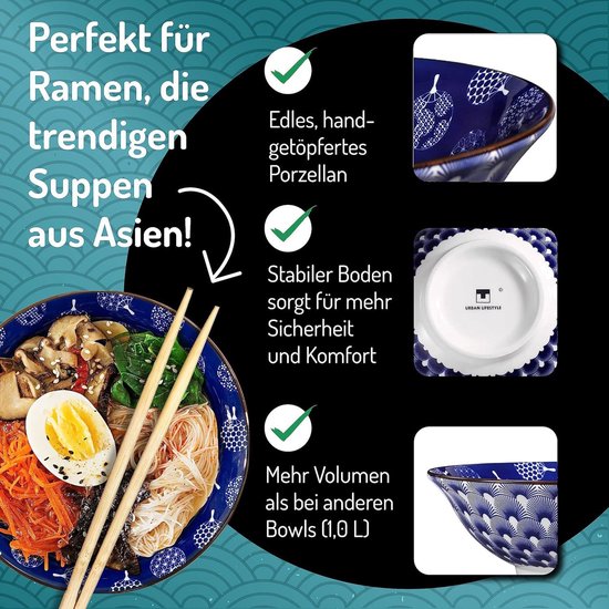 Ramen Kom van keramiek, 20 cm, groen, 1000 ml, soepkom, saladekom, Pho, soep, kom, kom, ramen, pasta, mueslikommen, A-B product, eventueel met kleine glazuurfouten, Pho soepkom
