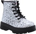Zilveren Skechers laars met zijkant-rits, zwarte veters en een all-over print van doodles.