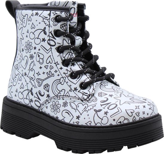 Zilveren Skechers laars met zijkant-rits, zwarte veters en een all-over print van doodles.