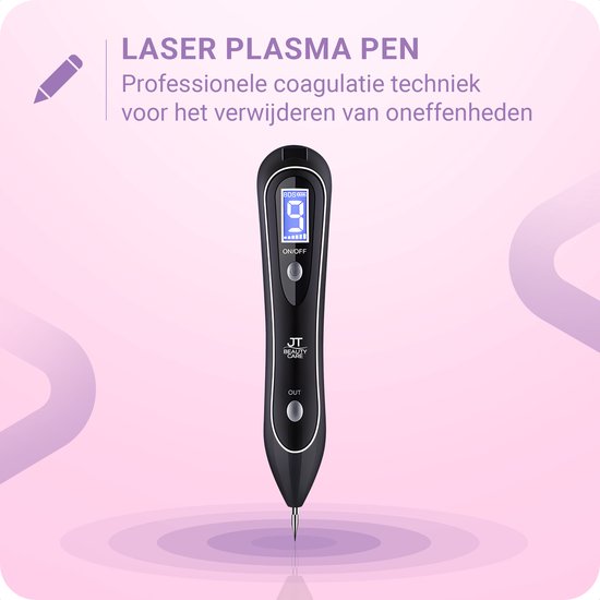 Zwarte laser plasmabehandelingspen met led-scherm, met de tekst "LASER PLASMA PEN" en "Professionele coagulatie techniek".