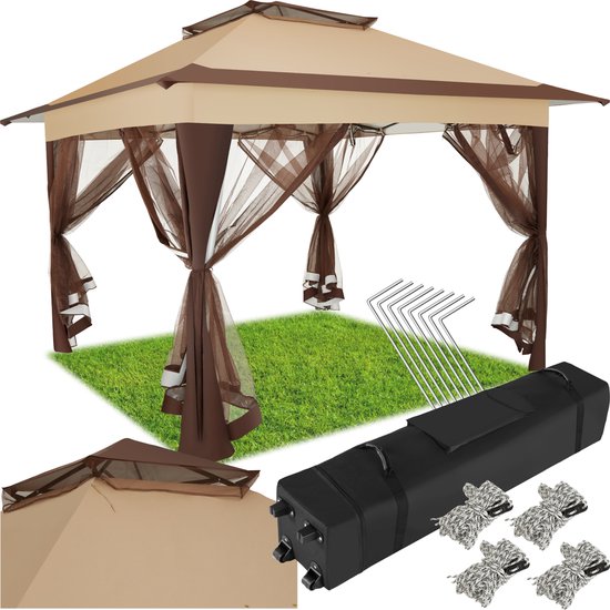 Foto: Tectake vouwpaviljoen met waterafstotend dubbel dak met uv bescherming 364 x 364 x 294 cm tuinpaviljoen met 4 klamboe zijpanelen opvouwbaar inclusief transporttas op wielen bruin