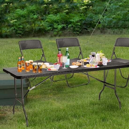 Inklapbare Buffettafel 181 x 755 x 73 cm - Rotan-Look - Campingtafel Partytafel - Klaptafel Tuintafel - Draaggreep - Tuin Balkon Terras - Zwart vouwtafel — afbeelding 3