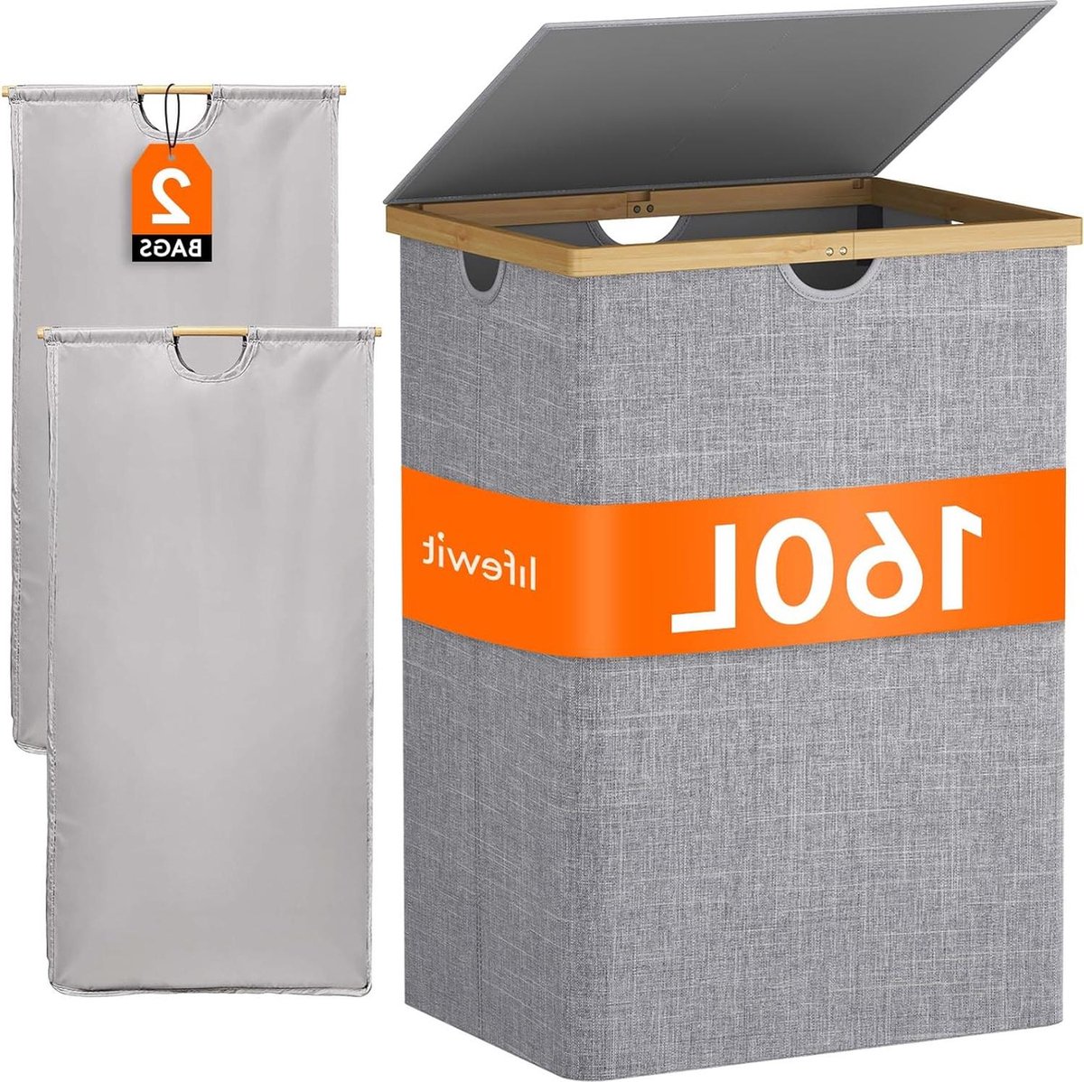 Goedkoopste 160 l bamboe wasmand met deksel - opvouwbare wasverzamelaar - 2 vakken wassorteerder - afneembare waszak - handgrepen - wasbox - laundry baskets - bijkeuken - slaapkamer - grijs wassorteerder