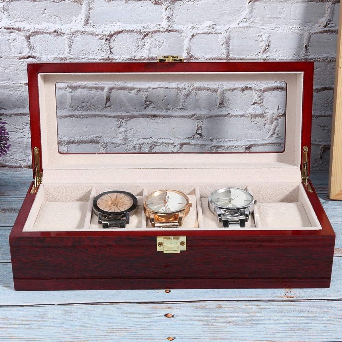 Houten horloge-displaydoos met 5 roosters transparant antislip horloge-opbergdoos-organizer met slot
