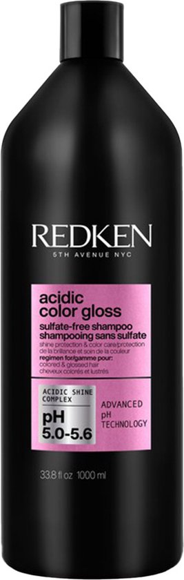 Flacon noir de shampooing Redken Acidic Color Gloss sans sulfate avec étiquette rose. Contient 1000 ml.