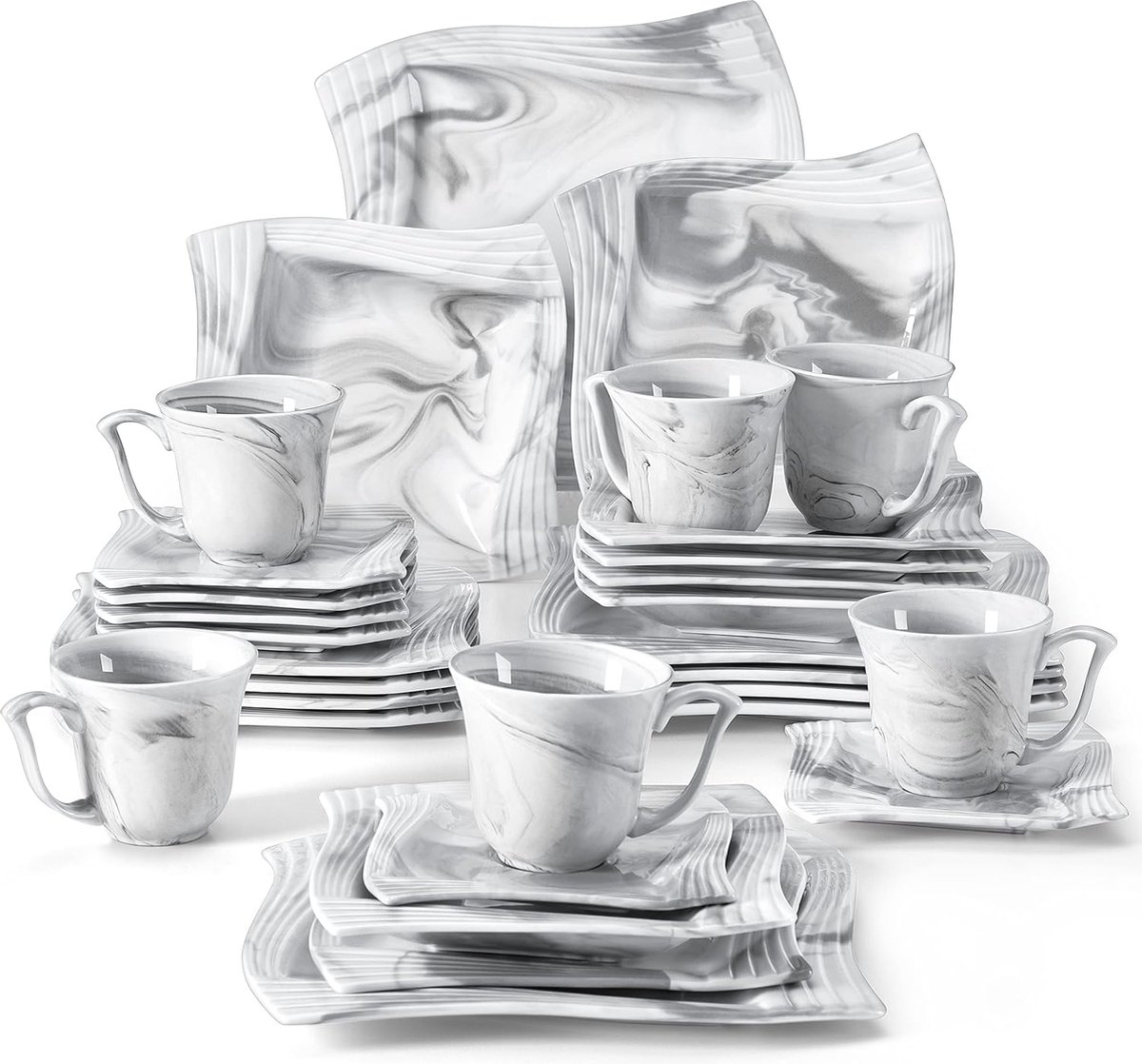 Luxe Serviesset – 30 delig – 8 persoons – Porselein - Bordenset – Dinner platen – Dessertborden - Kommen - Mokken - Grijs