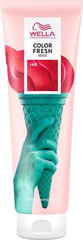 Tube Wella Color Fresh Mask 'Rouge' avec cornet de glace et main.