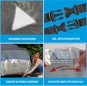 Vier detailafbeeldingen: reflector, gespen, autohoes bij montage, elastische naden.