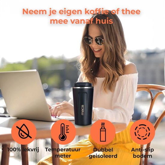 Maca Thermosbeker - Koffiebeker To Go - Met Temperatuurmeter - 380ml - Travel Mug - RVS - Zwart
