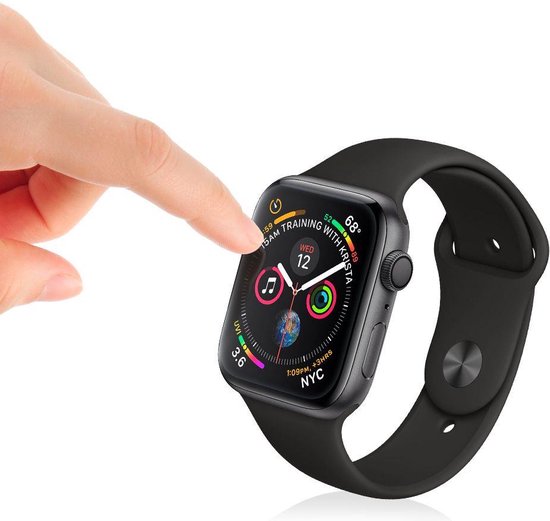 Zwarte Apple Watch met een vingertop die het scherm aanraakt.