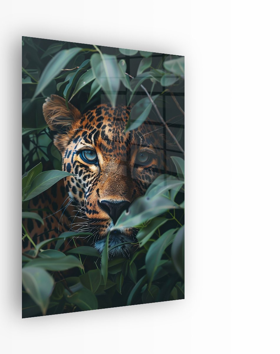 Indoorart Glasschilderij Luipaard Bladeren 40x60 CM - Afbeelding op plexiglas - Inclusief montagemateriaal groen, zwart, wit, bruin