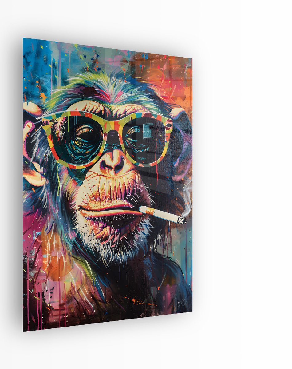 Indoorart Glasschilderij Streetart Monkey 60x90 CM - Afbeelding op plexiglas - Inclusief montagemateriaal blauw, rood, zwart, bruin