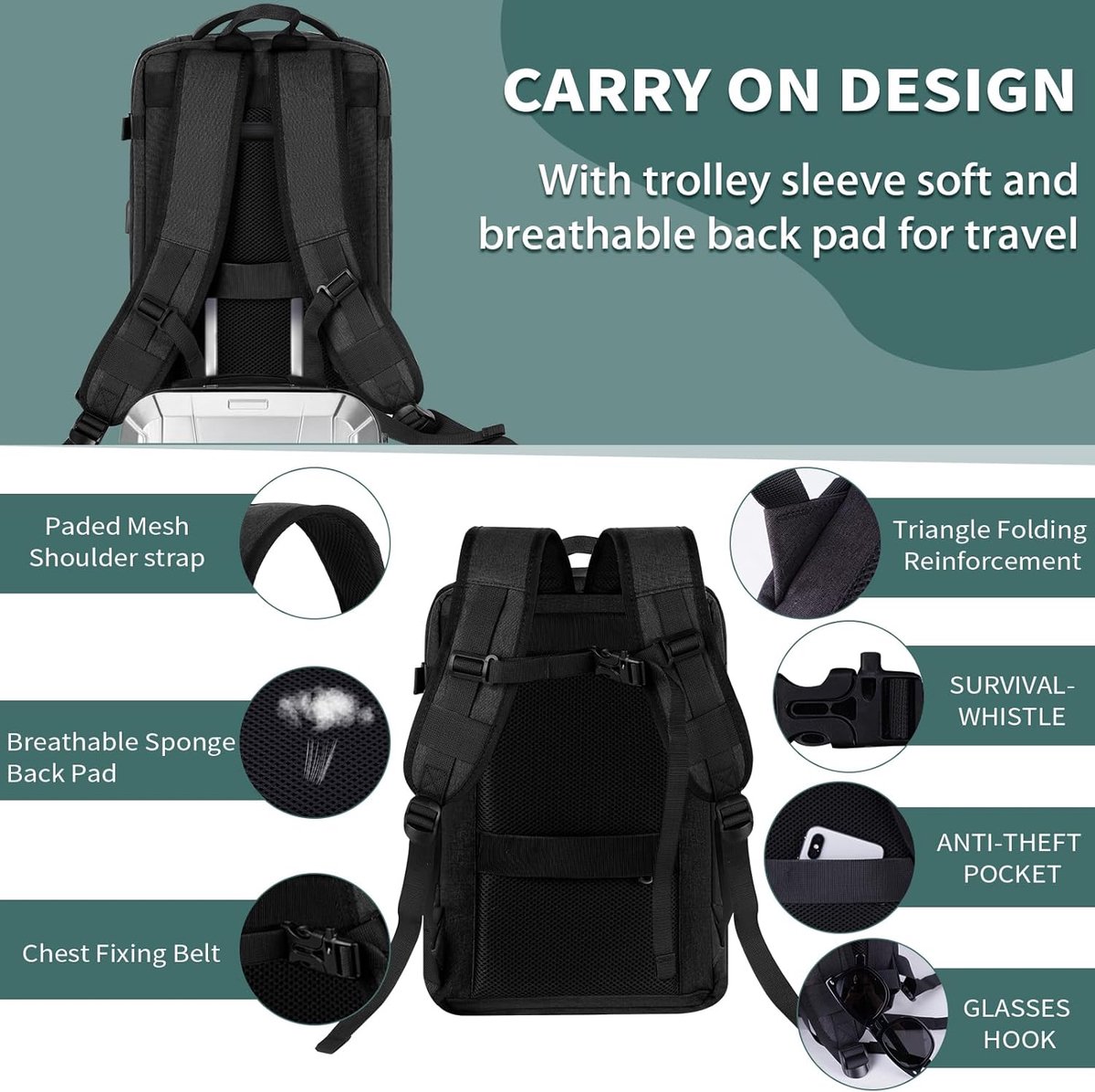 VOESLD Rugzak, handbagage, vliegtuig, voor Ryanair, 40 x 20 x 25 cm, reisrugzak, heren, dames, reistas, lichtgewicht, draagtas, laptop, koffer, tas, voor zakelijk, school en reizen, zwart