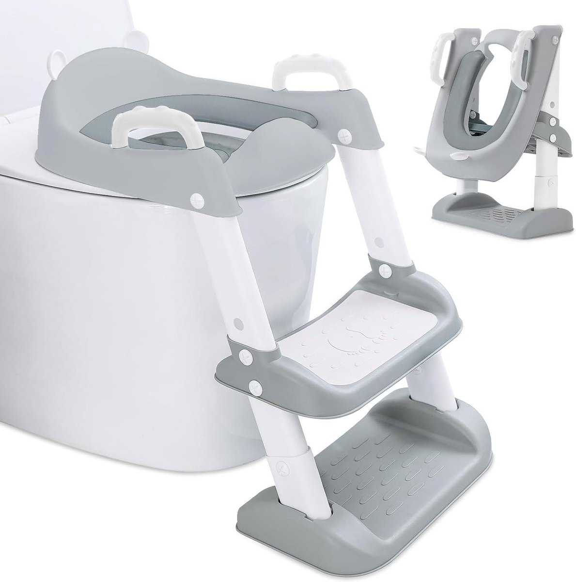 Verstelbare kindertoiletadapter voor V-U-O-vormige toiletten met ladder - draagbare toiletverkleiner met antislip PU-kussen