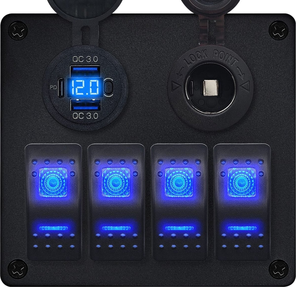 ProRide Schakelpaneel 12V voor Auto/Boot - USB C Lader 3 poorten met Sigaretten stopcontact - QC3.0 - 4 schakelaars