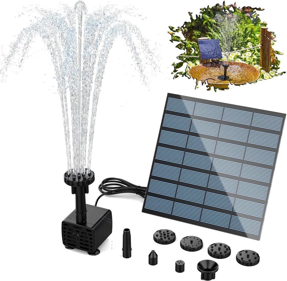 Zonnefontein Upgrade 2024 - Zonnewaterfontein met 6 fonteinstijlen voor tuin, vogelbad en aquarium fonteinpomp