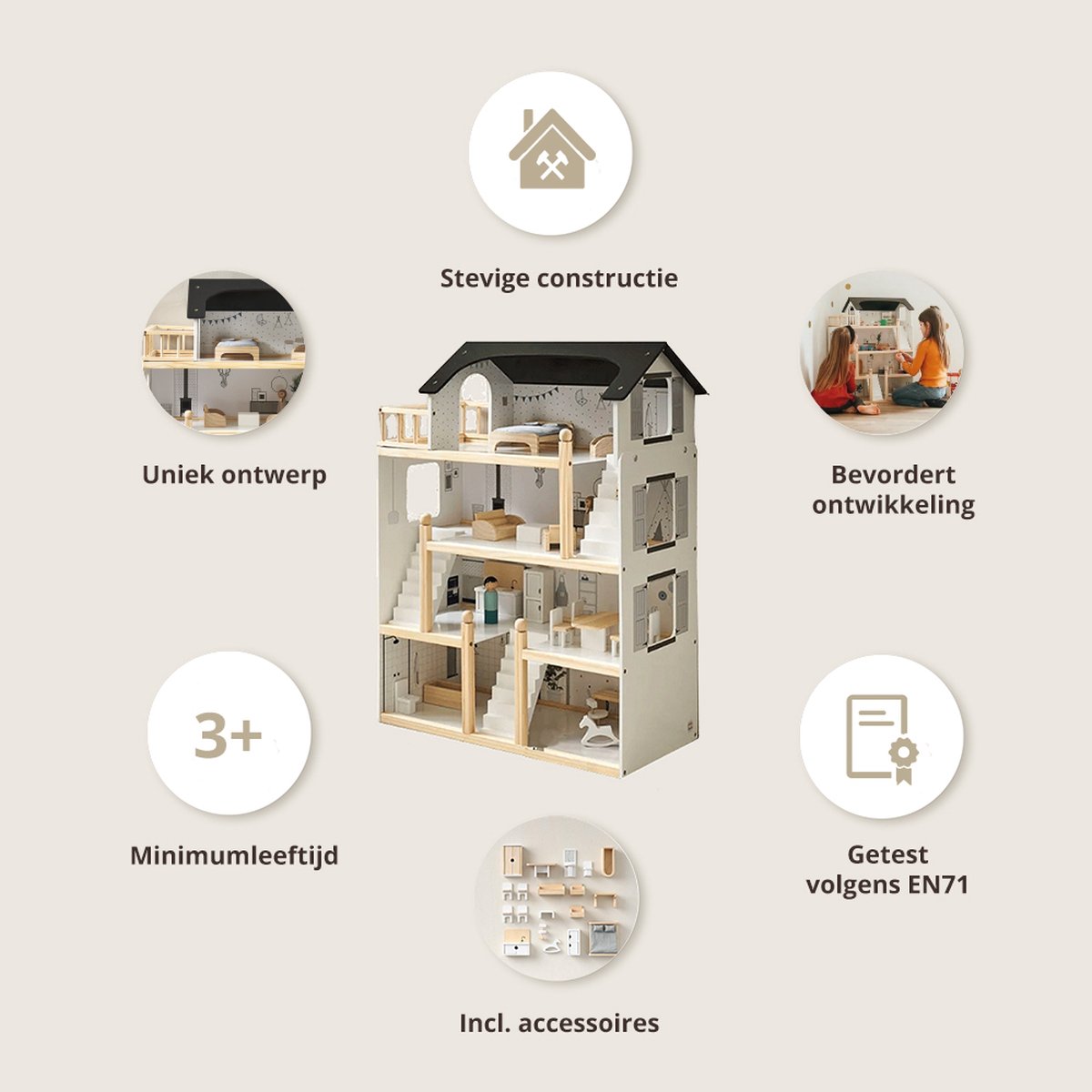 Petite Amélie Houten Poppenhuis - Zwart, grijs en wit - H.80 cm - Incl. 19 Poppenhuis Meubels – Voor een moderne speelwereld vol avonturen — afbeelding 16