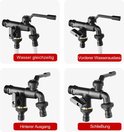 Deux robinets extérieurs noirs, chacun avec deux sorties, présentés avec les options 'Wasser gleichzeitig', 'Vorderer Wasserauslass', 'Hinterer Ausgang' et 'SchlieBung'.