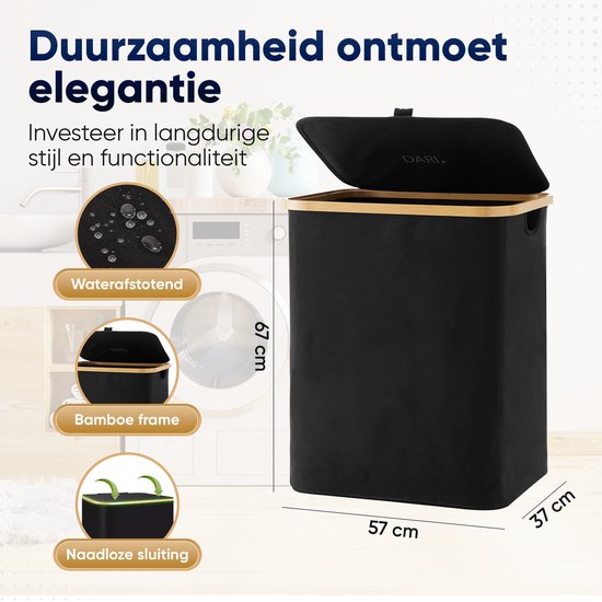 Zwarte wasmand met bamboe frame, 67 cm hoog, 57 cm breed, 37 cm diep, met open deksel.