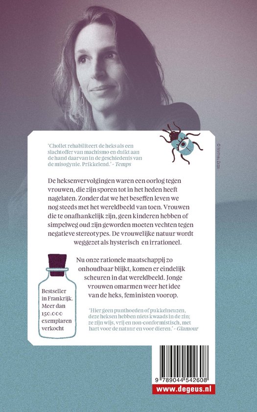 Achterkant boek met portret van een vrouw, tekst en een illustratie van een insect.