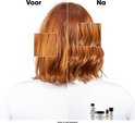 Haar voor en na de behandeling met ingekaderde close-ups die verbeterde glans en textuur tonen.