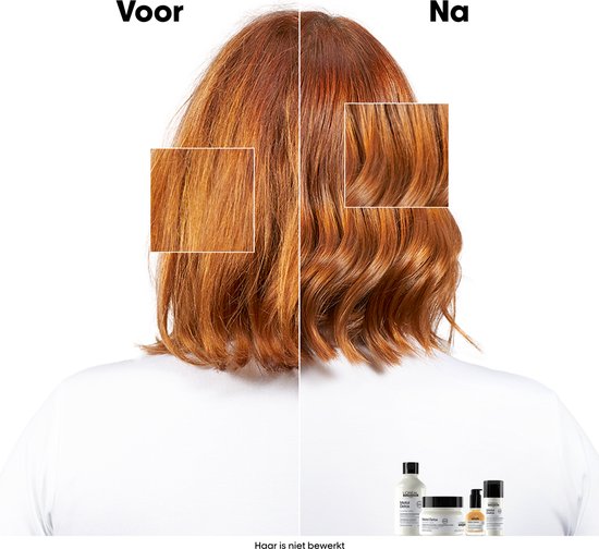 Haar voor en na de behandeling met ingekaderde close-ups die verbeterde glans en textuur tonen.