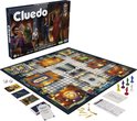 Cluedo speldoos en bordspel met personages, wapens, kaarten en dobbelstenen.