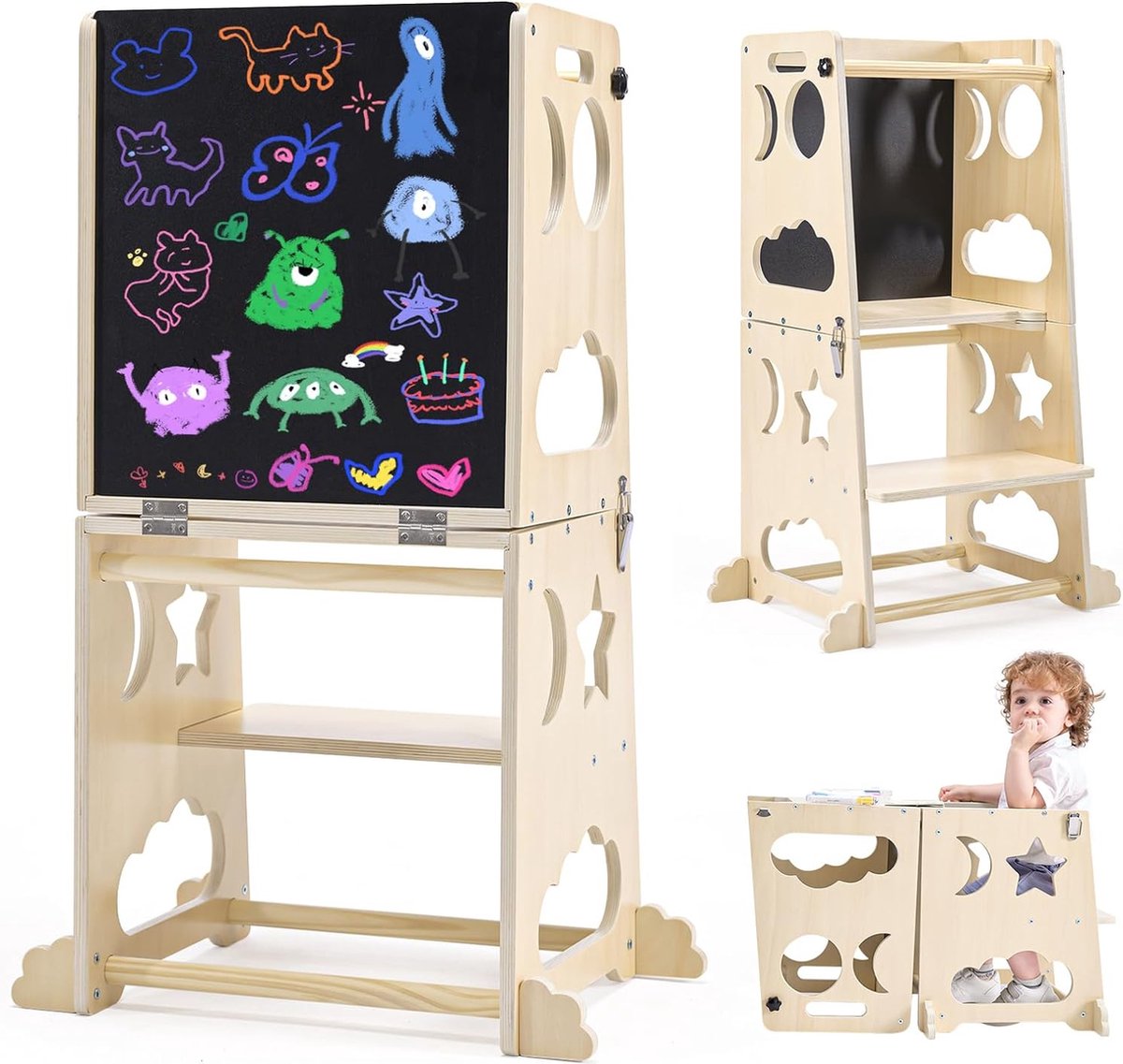 Image of Activekidz 3-in-1 Leertoren - Leertoren Keukenhulp - Learning Tower - Montessori - Peuters - Houten kindertafel - Krijtbord Kinderen