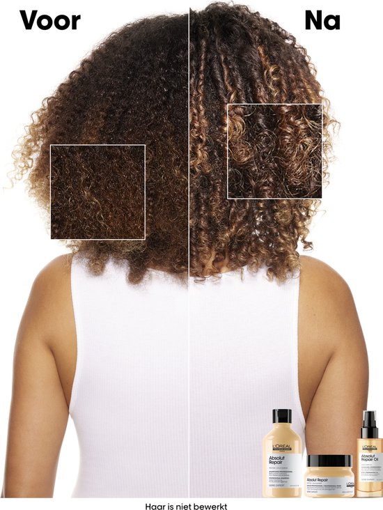 Photo avant/après d'une femme aux cheveux bruns et bouclés. À gauche, ses cheveux sont secs et crépus, à droite, ils sont sains et définis.