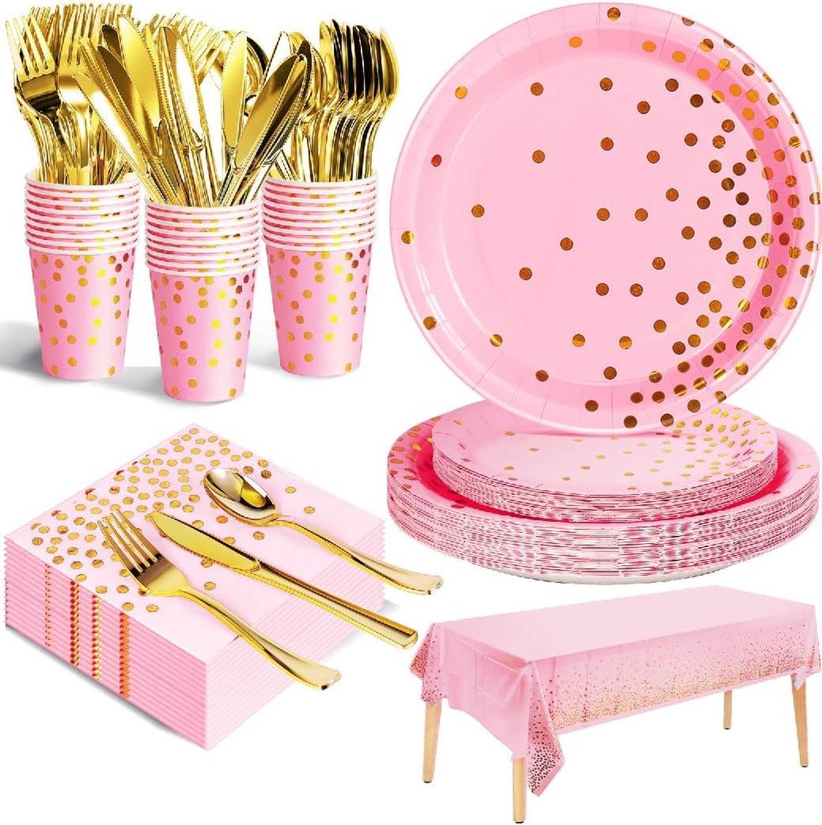 Image of 141-Stuks Roségoud Kleurig Feestservies Set - Kinderverjaardag Feestbenodigdheden - Papieren Borden Servetten Bestek - Feestdecoraties - 20 Gasten