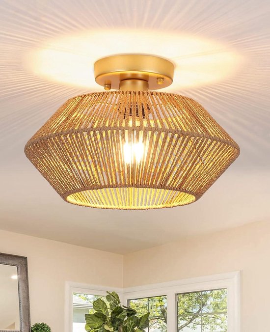 Rotan Plafondverlichting - Boho Stijl - Woonkamer en Slaapkamer - Gouden Kroonluchter - Bamboe Plafondlamp