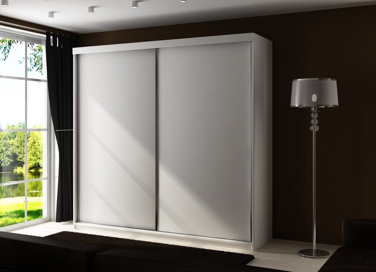 Kledingkast-Opbergkast-Spiegel-Kledingkasten Slaapkamer-Kleding Kast-Roedestang-Legplanken-Schuifdeurkast-Amo Wit 150 cm