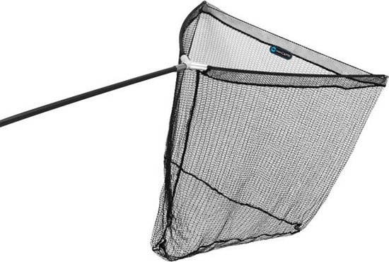 Zwart visnet met metalen spreidblok en een deel van de zwarte steel, op witte achtergrond.