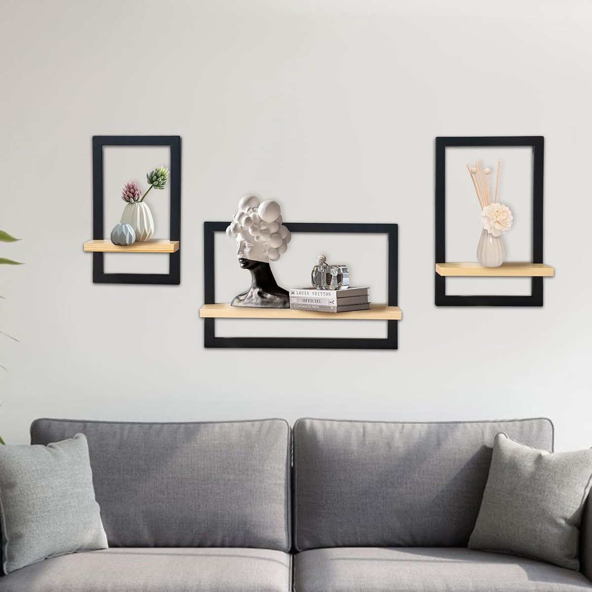 hi-home Set van 3 zwevende planken voor aan de muur, hangende planken voor wandopslag, vierkante houten decoratie gemonteerd voor badkamer, woonkamer, boerderij, walnoot