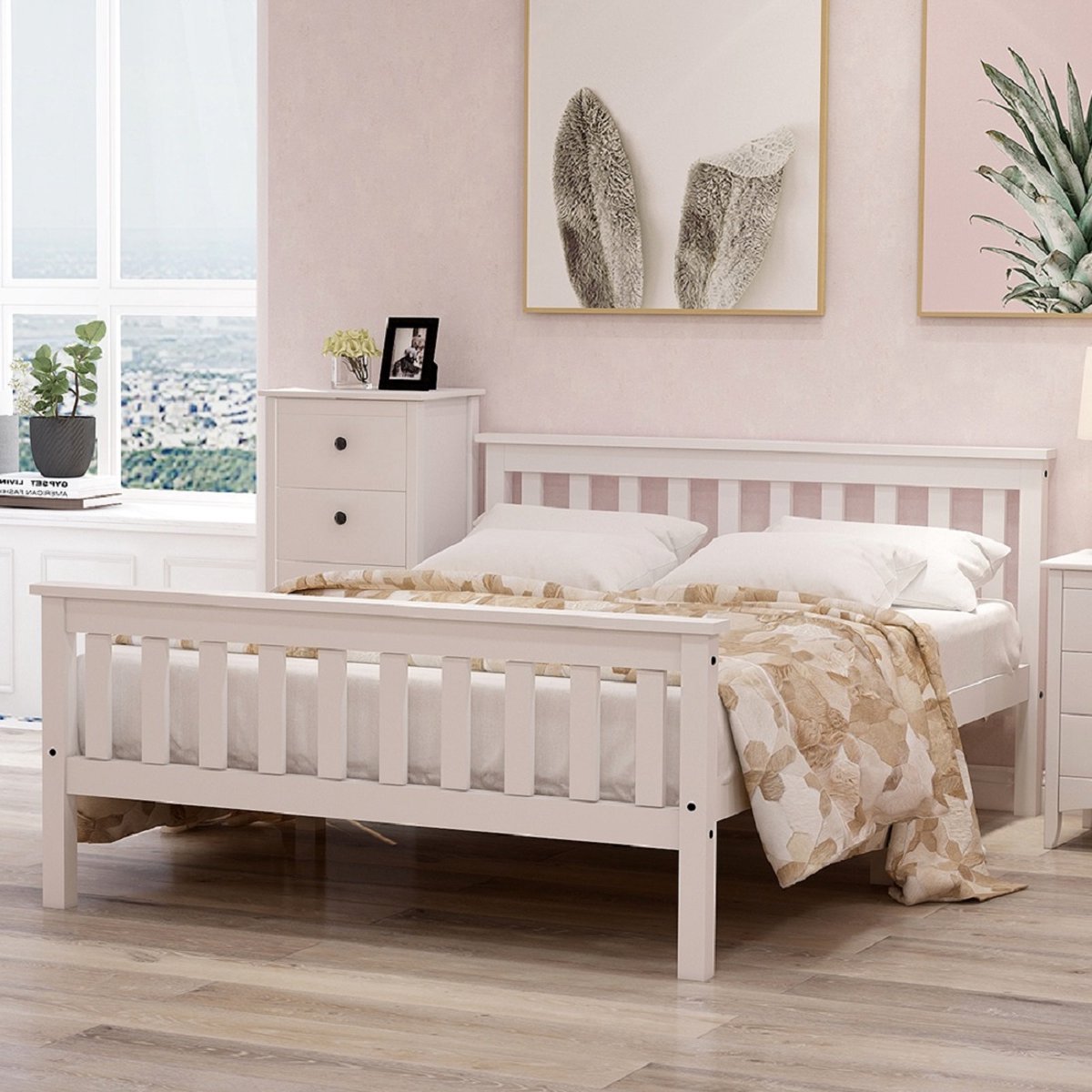 Gutent Tweepersoonsbed, 140 x 200 cm, Wit (Geen matras) Massief Houten bed, met plat noedelsframe, Dennenbed, geschikt voor volwassenen, kinderen, tieners