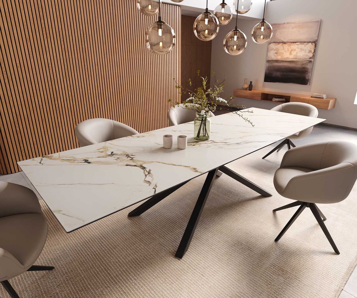 DELIFE Eetkamertafel Edge keramiek Calacatta Luxe wit-goud-grijs 300x100 kruisframe rechthoek zwart Weiß-Gold-Grau